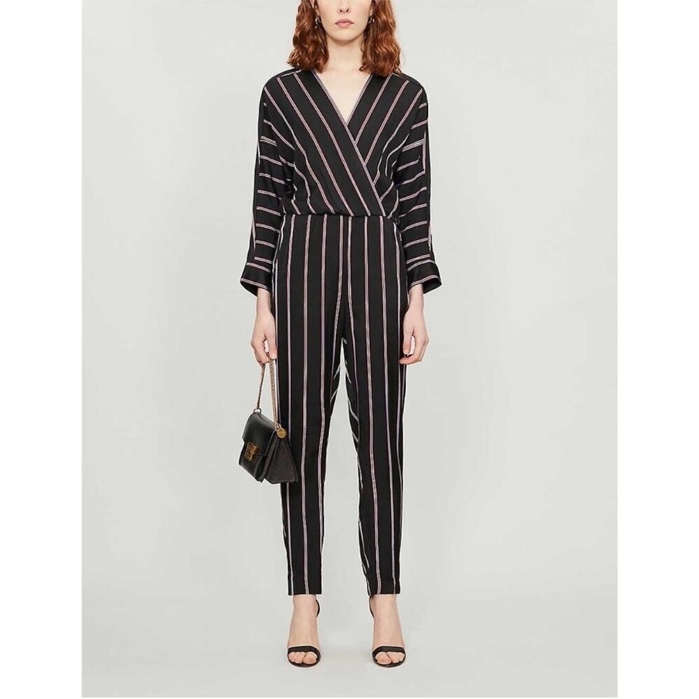 Maje Striped Black Red Pandomi V-Neck Wrap Woven Jumpsuit Surplice Pocket Medium
